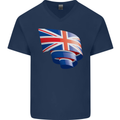 Curled British Flag Union Jack Britain Mens V-Neck Cotton T-Shirt Navy Blue