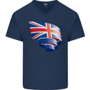 Curled British Flag Union Jack Britain Mens V-Neck Cotton T-Shirt Navy Blue