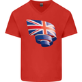 Curled British Flag Union Jack Britain Mens V-Neck Cotton T-Shirt Red