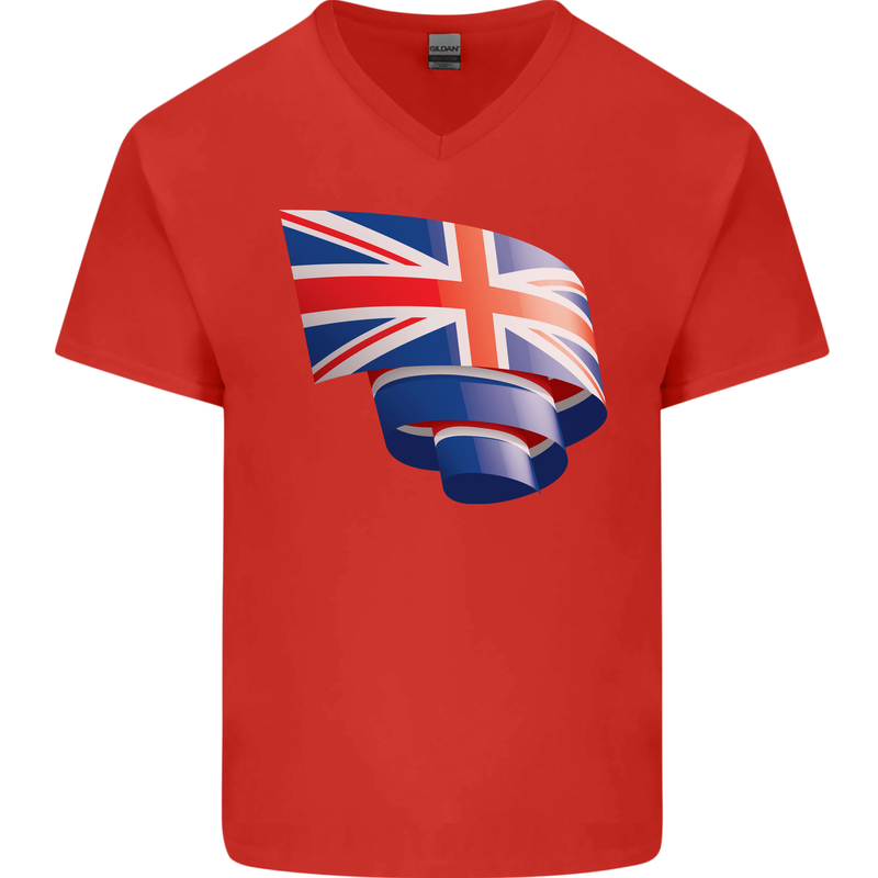 Curled British Flag Union Jack Britain Mens V-Neck Cotton T-Shirt Red