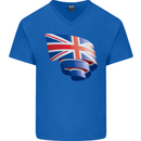 Curled British Flag Union Jack Britain Mens V-Neck Cotton T-Shirt Royal Blue