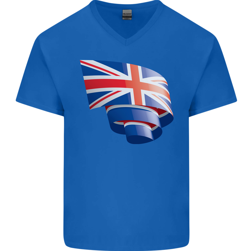 Curled British Flag Union Jack Britain Mens V-Neck Cotton T-Shirt Royal Blue