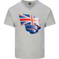 Curled British Flag Union Jack Britain Mens V-Neck Cotton T-Shirt Sports Grey