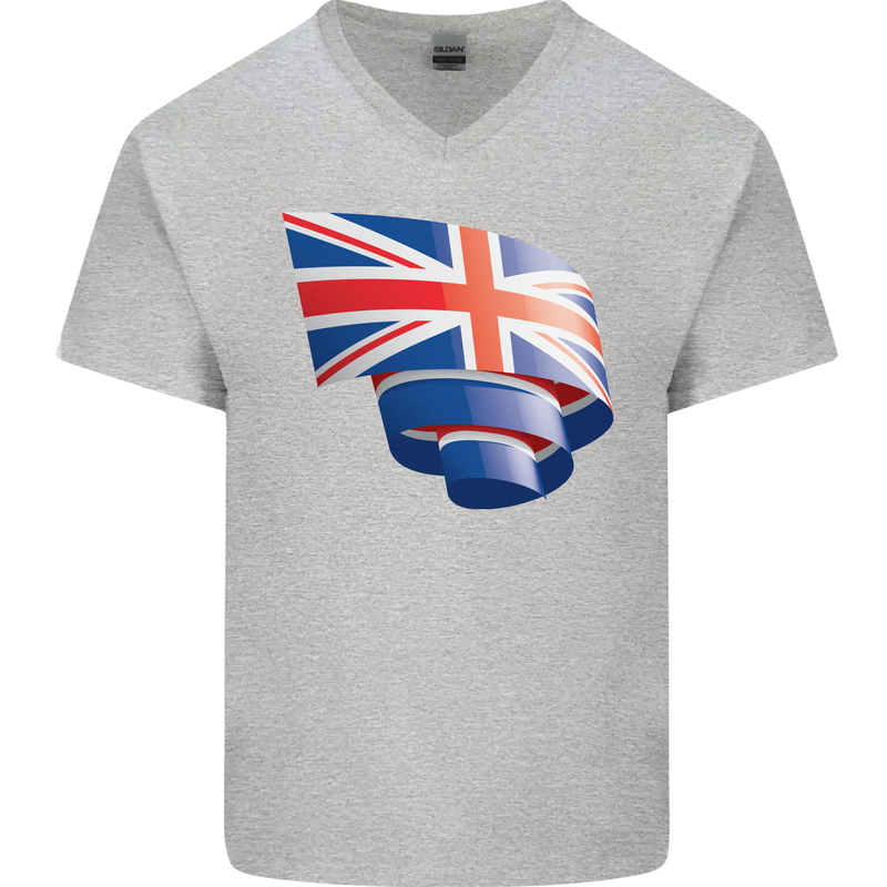 Curled British Flag Union Jack Britain Mens V-Neck Cotton T-Shirt Sports Grey