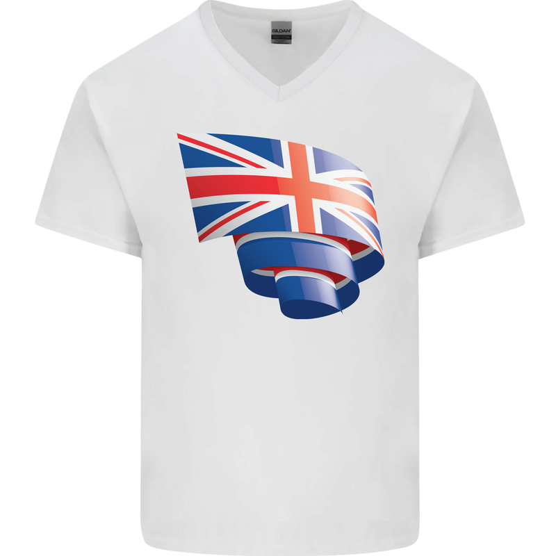 Curled British Flag Union Jack Britain Mens V-Neck Cotton T-Shirt White