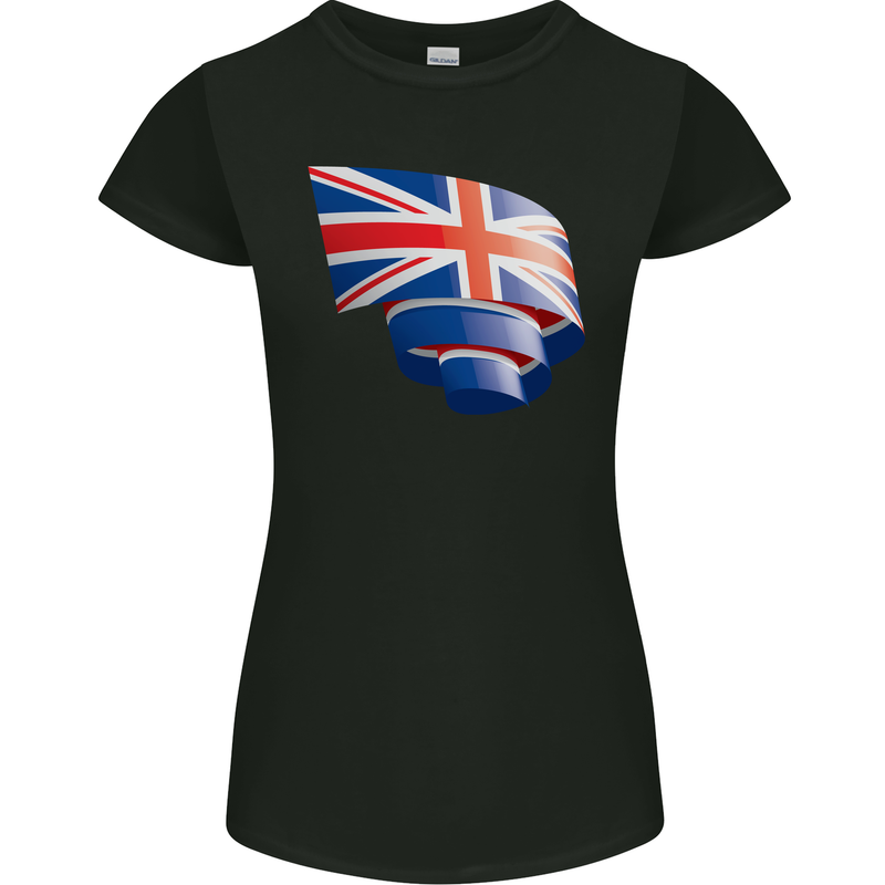 Curled British Flag Union Jack Britain Womens Petite Cut T-Shirt Black