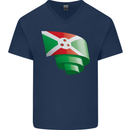 Curled Burundi Flag Burundians Day Football Mens V-Neck Cotton T-Shirt Navy Blue