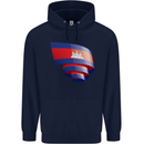 Curled Cambodia Flag Cambodian Day Football Mens 80% Cotton Hoodie Navy Blue