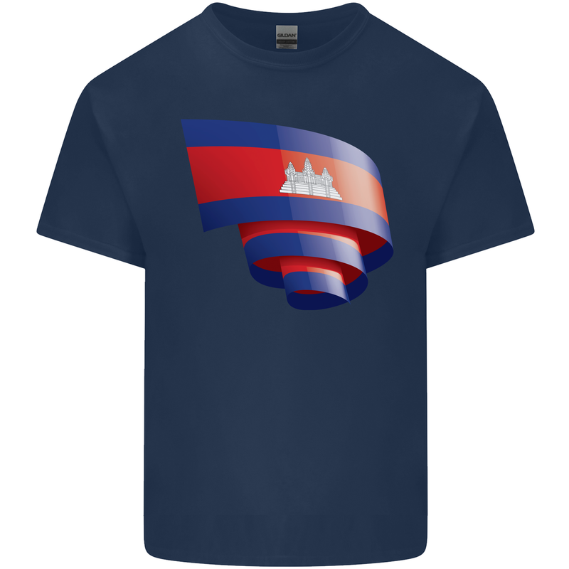 Curled Cambodia Flag Cambodian Day Football Mens Cotton T-Shirt Tee Top Navy Blue