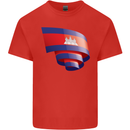 Curled Cambodia Flag Cambodian Day Football Mens Cotton T-Shirt Tee Top Red
