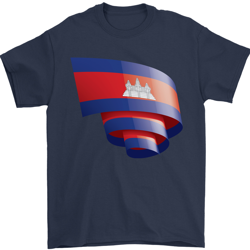 Curled Cambodia Flag Cambodian Day Football Mens T-Shirt 100% Cotton Navy Blue