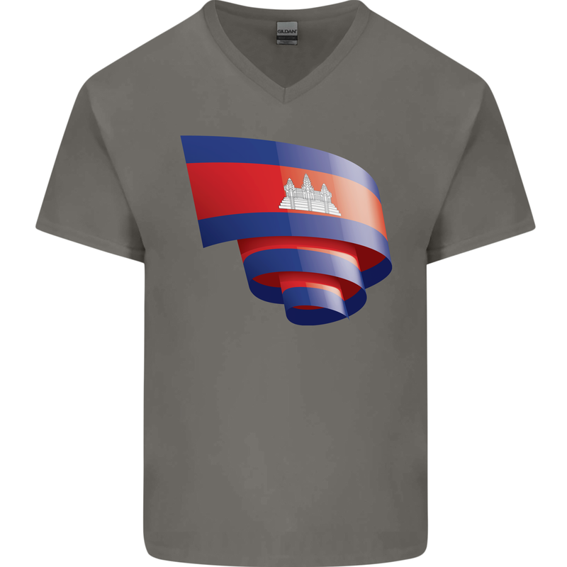 Curled Cambodia Flag Cambodian Day Football Mens V-Neck Cotton T-Shirt Charcoal