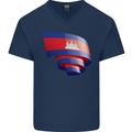 Curled Cambodia Flag Cambodian Day Football Mens V-Neck Cotton T-Shirt Navy Blue