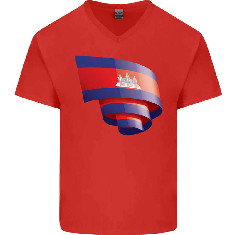 Curled Cambodia Flag Cambodian Day Football Mens V-Neck Cotton T-Shirt Red