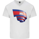 Curled Cambodia Flag Cambodian Day Football Mens V-Neck Cotton T-Shirt White