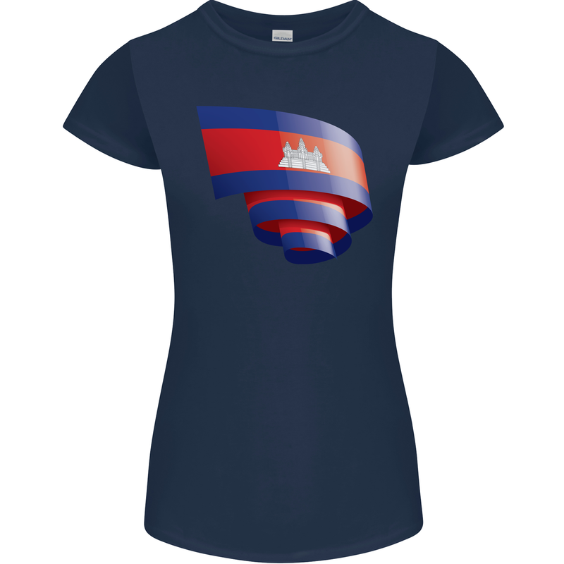 Curled Cambodia Flag Cambodian Day Football Womens Petite Cut T-Shirt Navy Blue