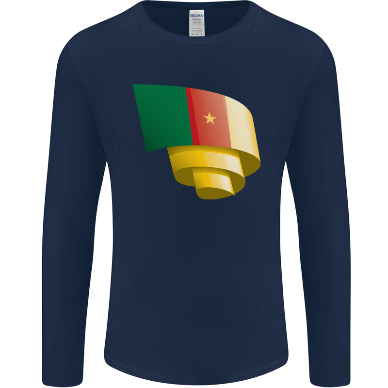 Curled Cameroon Flag Cameroonian Day Football Mens Long Sleeve T-Shirt Navy Blue