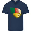 Curled Cameroon Flag Cameroonian Day Football Mens V-Neck Cotton T-Shirt Navy Blue
