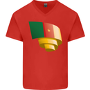 Curled Cameroon Flag Cameroonian Day Football Mens V-Neck Cotton T-Shirt Red