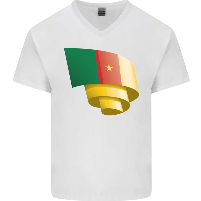 Curled Cameroon Flag Cameroonian Day Football Mens V-Neck Cotton T-Shirt White