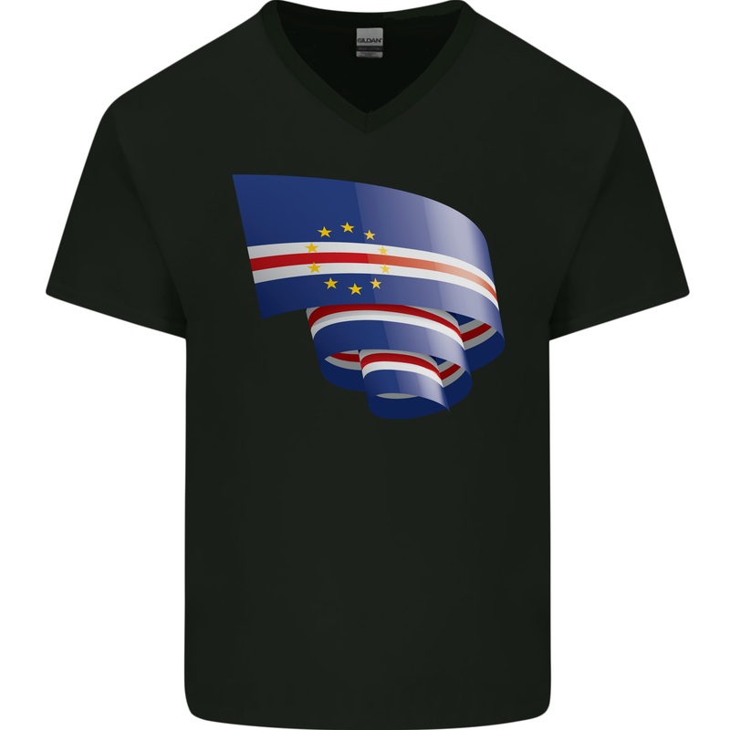 Curled Cape Verde Flag Verdean Day Football Mens V-Neck Cotton T-Shirt Black