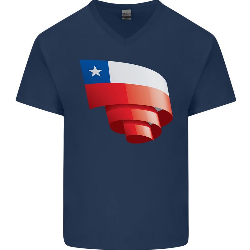 Curled Chile Flag Chilean Day Football Mens V-Neck Cotton T-Shirt Navy Blue