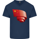 Curled China Flag Chinese Day Football Mens V-Neck Cotton T-Shirt Navy Blue