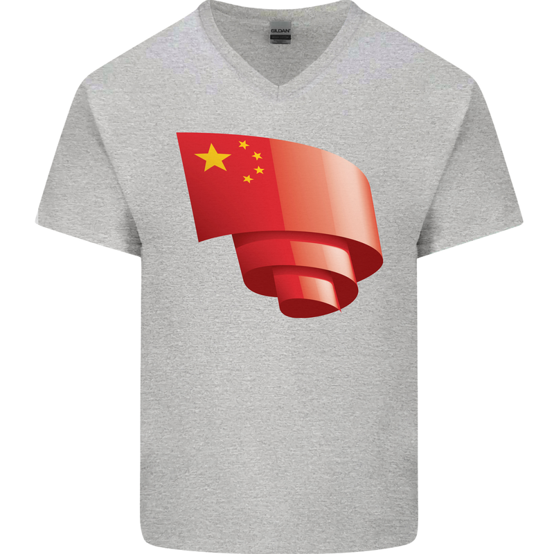 Curled China Flag Chinese Day Football Mens V-Neck Cotton T-Shirt Sports Grey