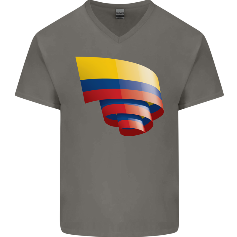 Curled Columbia Flag Columbian Day Football Mens V-Neck Cotton T-Shirt Charcoal