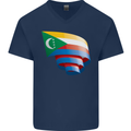 Curled Comoros Flag Comorian Day Football Mens V-Neck Cotton T-Shirt Navy Blue