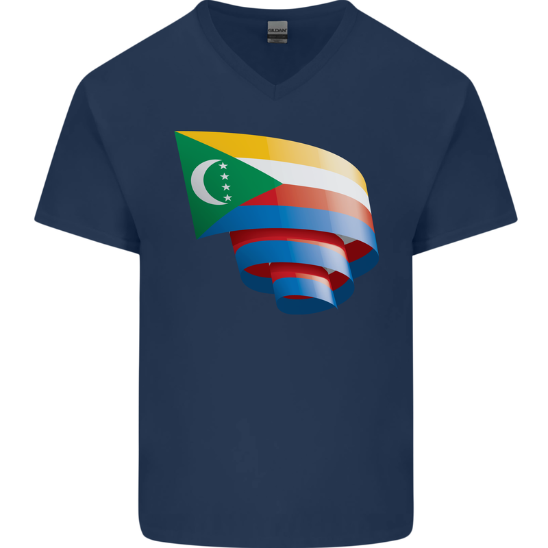 Curled Comoros Flag Comorian Day Football Mens V-Neck Cotton T-Shirt Navy Blue