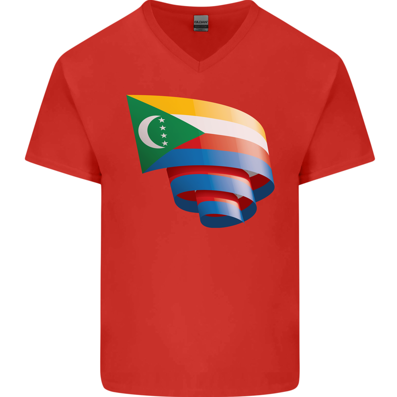 Curled Comoros Flag Comorian Day Football Mens V-Neck Cotton T-Shirt Red