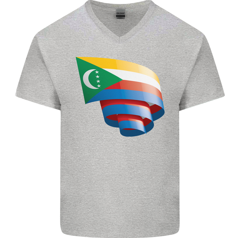 Curled Comoros Flag Comorian Day Football Mens V-Neck Cotton T-Shirt Sports Grey