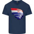 Curled Croatia Flag Croatian Day Football Mens V-Neck Cotton T-Shirt Navy Blue