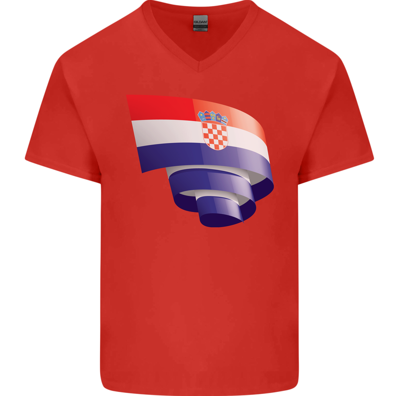 Curled Croatia Flag Croatian Day Football Mens V-Neck Cotton T-Shirt Red