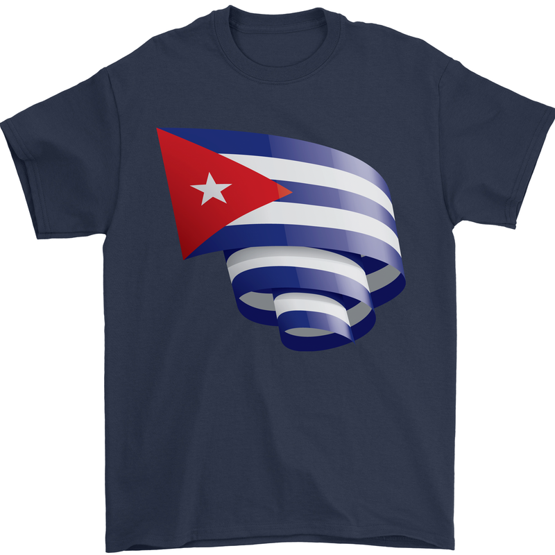Curled Cuba Flag Cuban Day Football Mens T-Shirt 100% Cotton Navy Blue