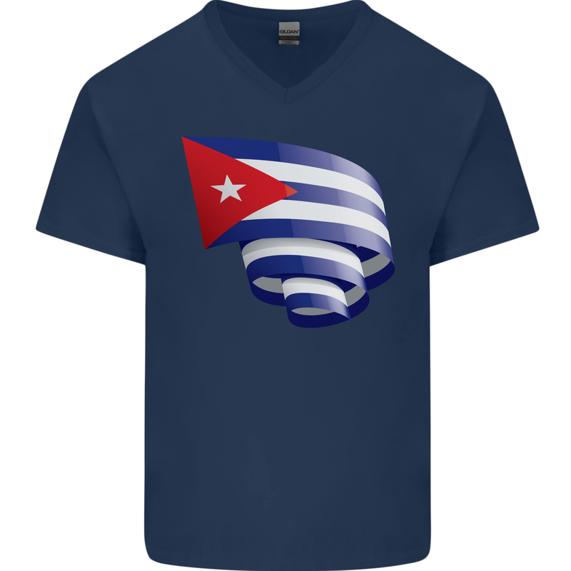 Curled Cuba Flag Cuban Day Football Mens V-Neck Cotton T-Shirt Navy Blue