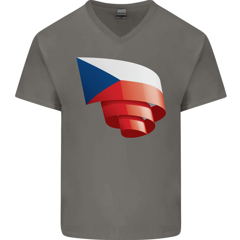 Curled Czechia Flag Czech Republic Day Football Mens V-Neck Cotton T-Shirt Charcoal