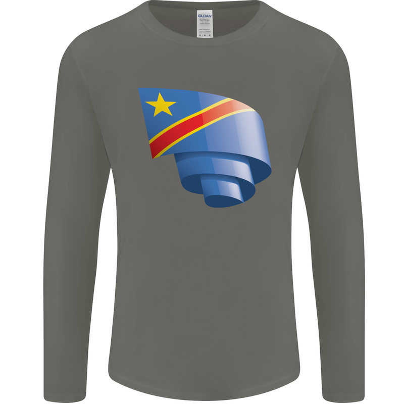 Curled DR Congo Flag Congolese Day Football Mens Long Sleeve T-Shirt Charcoal