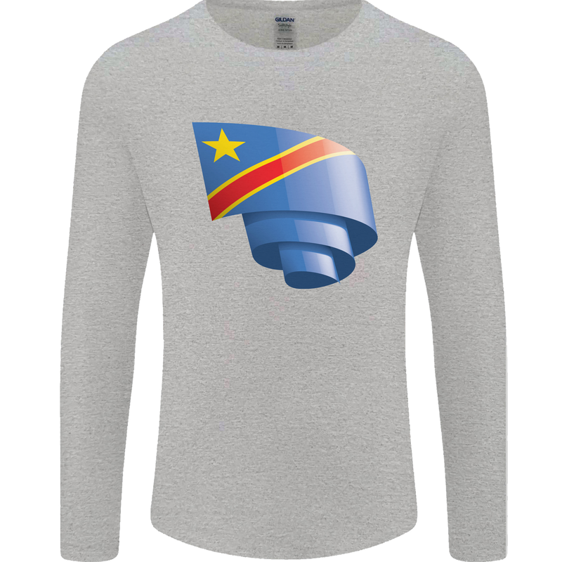 Curled DR Congo Flag Congolese Day Football Mens Long Sleeve T-Shirt Sports Grey