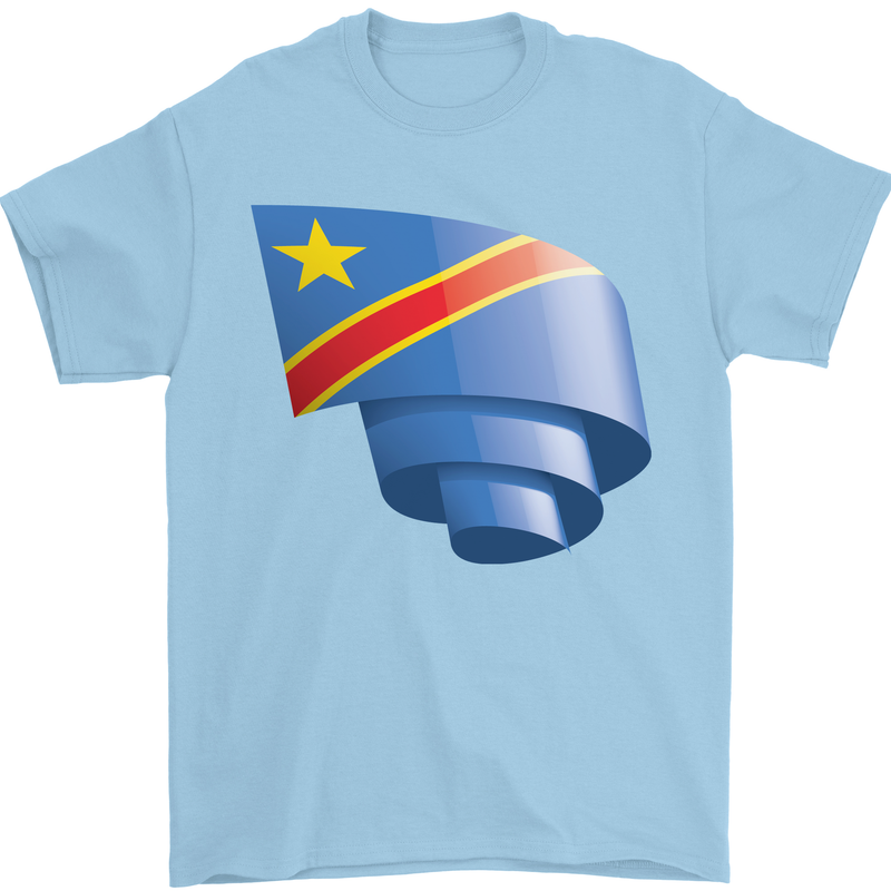 Curled DR Congo Flag Congolese Day Football Mens T-Shirt 100% Cotton Light Blue
