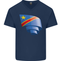 Curled DR Congo Flag Congolese Day Football Mens V-Neck Cotton T-Shirt Navy Blue