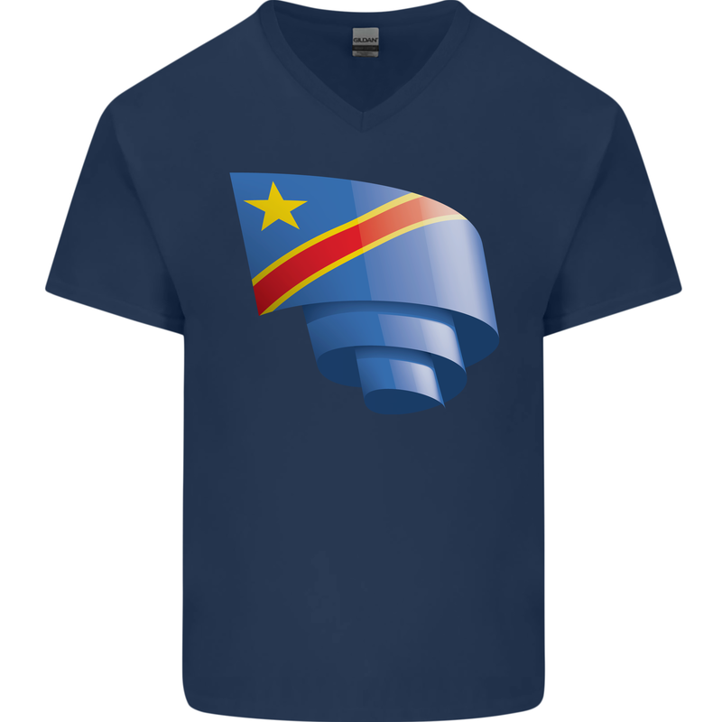 Curled DR Congo Flag Congolese Day Football Mens V-Neck Cotton T-Shirt Navy Blue