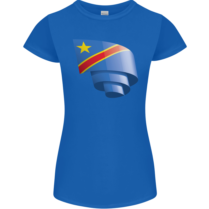 Curled DR Congo Flag Congolese Day Football Womens Petite Cut T-Shirt Royal Blue