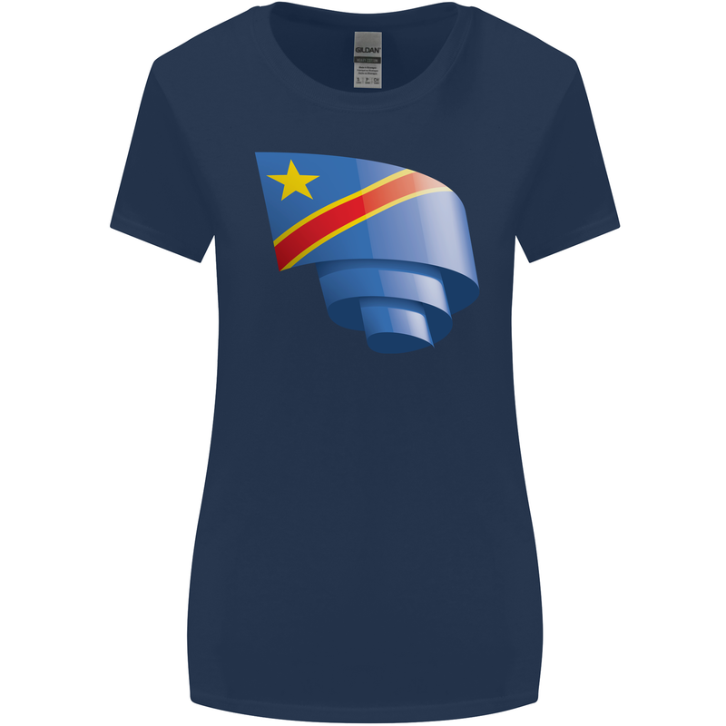 Curled DR Congo Flag Congolese Day Football Womens Wider Cut T-Shirt Navy Blue