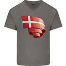 Curled Denmark Flag Danish Day Football Mens V-Neck Cotton T-Shirt Charcoal