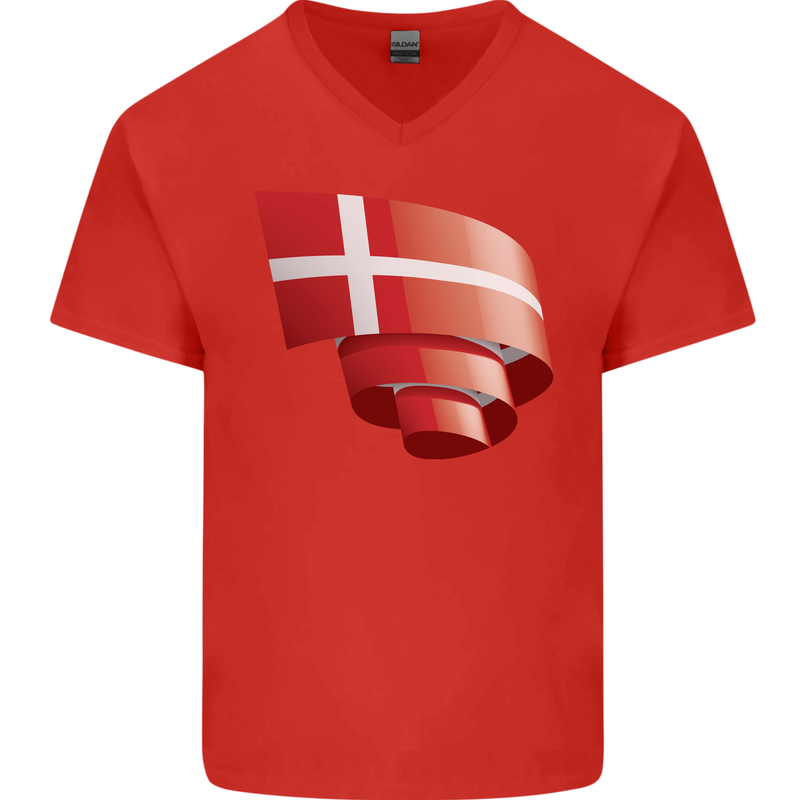 Curled Denmark Flag Danish Day Football Mens V-Neck Cotton T-Shirt Red