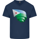 Curled Djibouti Flag Djiboutians Day Football Mens V-Neck Cotton T-Shirt Navy Blue
