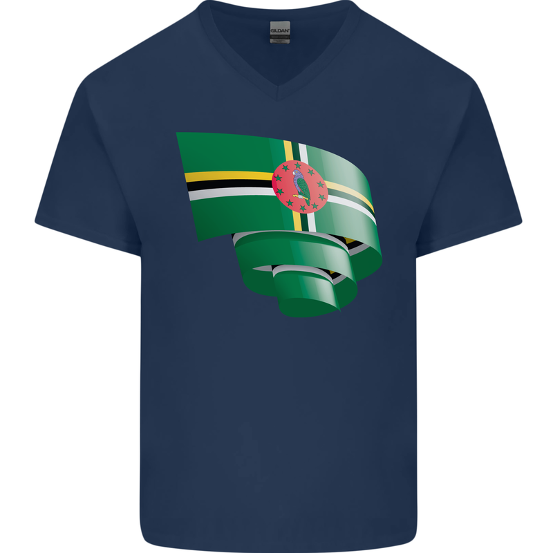 Curled Dominica Flag Dominican Day Football Mens V-Neck Cotton T-Shirt Navy Blue