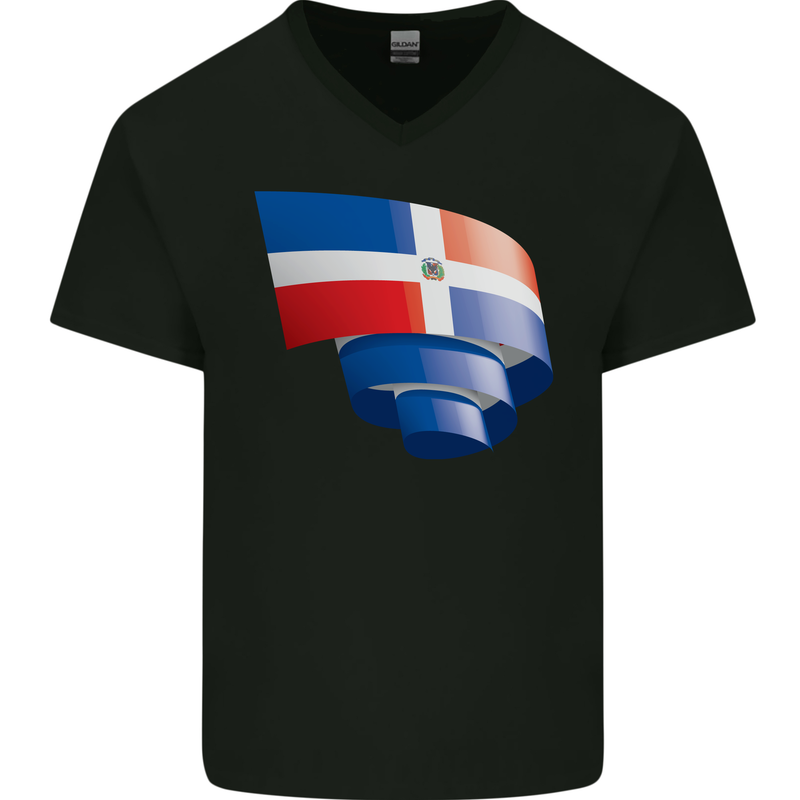 Curled Dominican Republic Flag Dominicanos Day Mens V-Neck Cotton T-Shirt Black